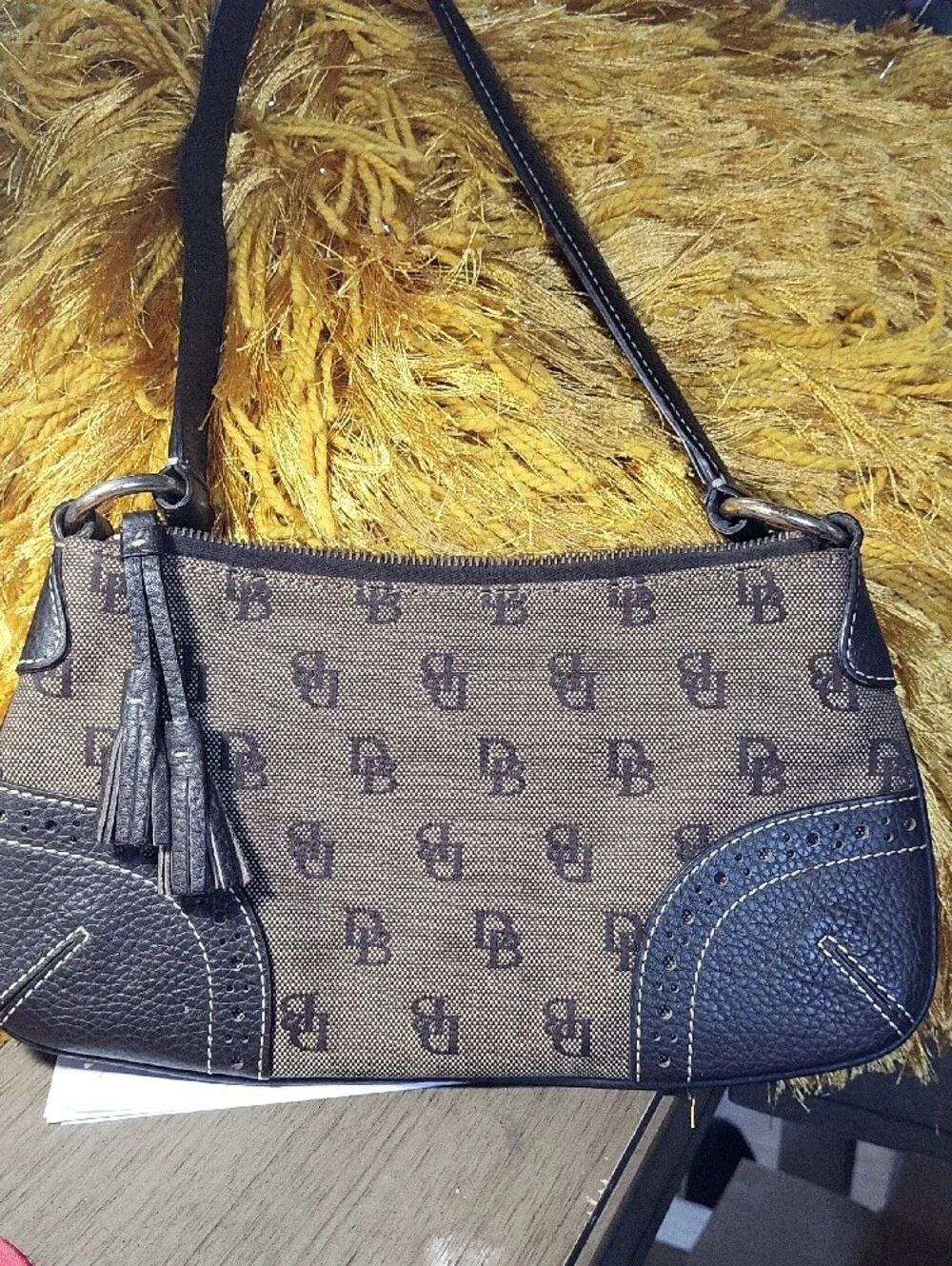 Dooney & Bourke Brown Logo Canvas Shoulder Bag with Dark Leather Trim
